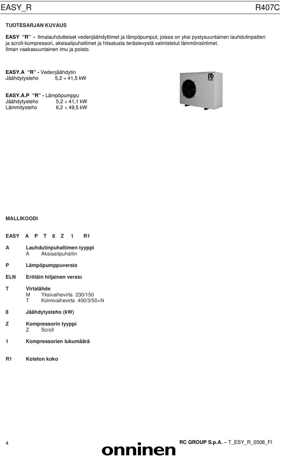 Y.A R - Vedenjäähdytin Jäähdytysteho 5,2 41,5 kw EASY.A.P R - Lämpöpumppu Jäähdytysteho 5,2 41,1 kw Lämmitysteho 6,2 49,5 kw MALLIKOODI EASY A P T 8 Z 1 R1 A P ELN T