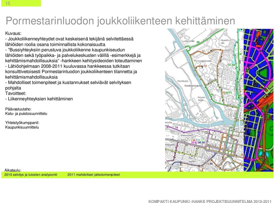 2008-2011 kuuluvassa hankkeessa tutkitaan konsulttivetoisesti Pormestarinluodon joukkoliikenteen tilannetta ja kehittämismahdollisuuksia - Mahdolliset toimenpiteet ja kustannukset selviävät