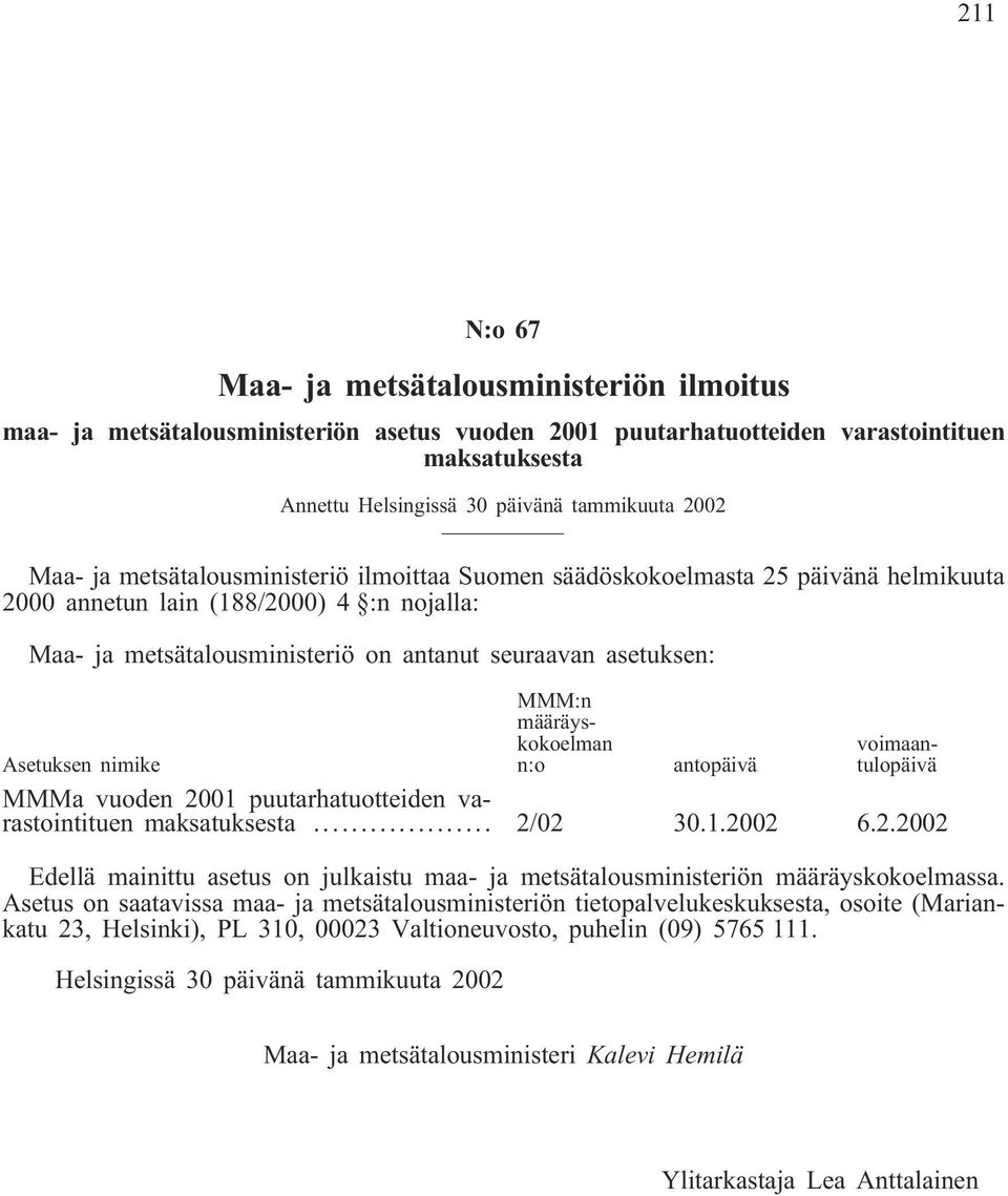 määräyskokoelman n:o voimaantulopäivä Asetuksen nimike antopäivä MMMa vuoden 2001 puutarhatuotteiden varastointituen maksatuksesta... 2/02 30.1.2002 6.2.2002 Edellä mainittu asetus on julkaistu maa- ja metsätalousministeriön määräyskokoelmassa.