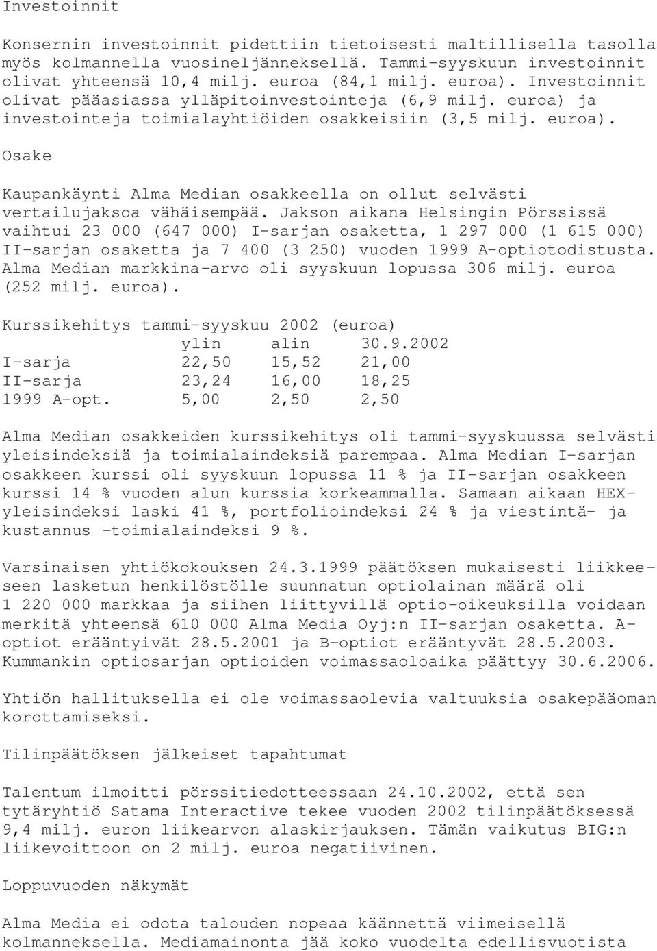 Jakson aikana Helsingin Pörssissä vaihtui 23 000 (647 000) I-sarjan osaketta, 1 297 000 (1 615 000) II-sarjan osaketta ja 7 400 (3 250) vuoden 1999 A-optiotodistusta.