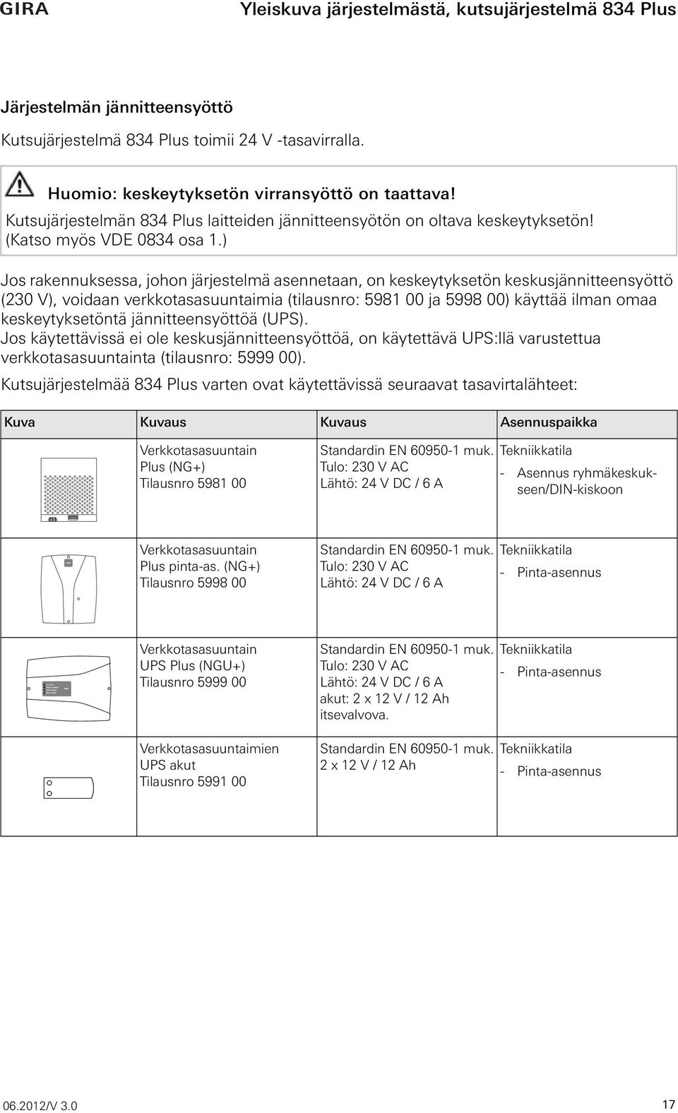 ) Jos rakennuksessa, johon järjestelmä asennetaan, on keskeytyksetön keskusjännitteensyöttö (230 V), voidaan verkkotasasuuntaimia (tilausnro: 5981 00 ja 5998 00) käyttää ilman omaa keskeytyksetöntä