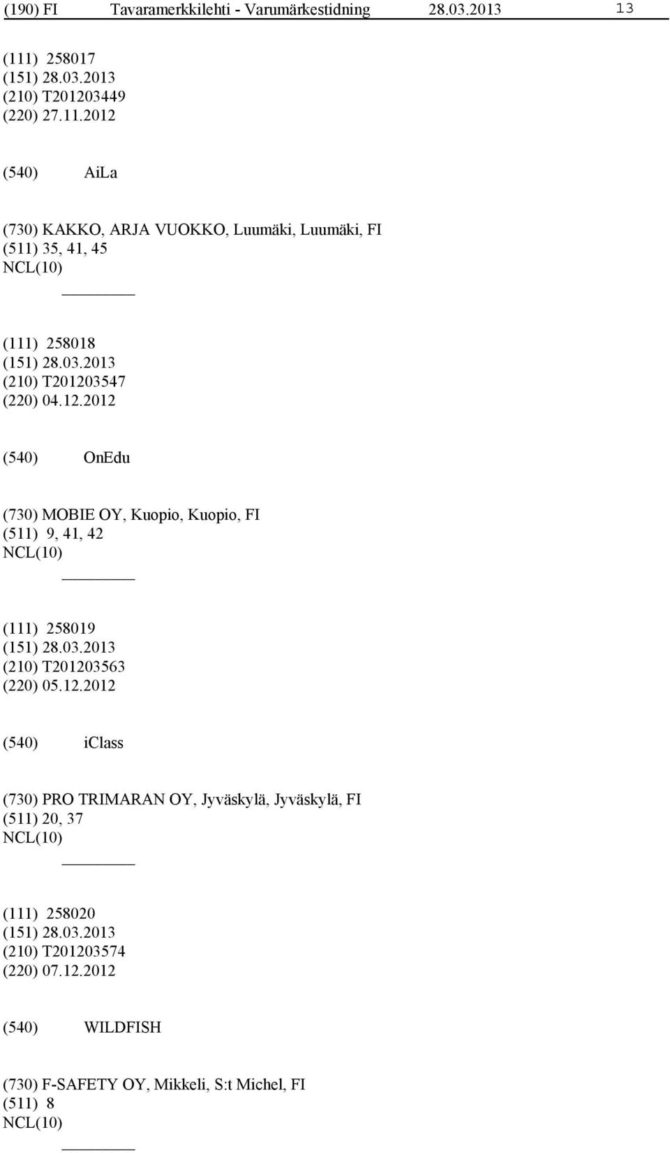 2012 AiLa (730) KAKKO, ARJA VUOKKO, Luumäki, Luumäki, FI (511) 35, 41, 45 (111) 258018 (210) T201203547 (220) 04.12.2012 OnEdu (730) MOBIE OY, Kuopio, Kuopio, FI (511) 9, 41, 42 (111) 258019 (210) T201203563 (220) 05.