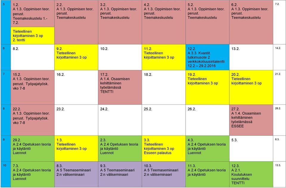 2. 21.2. 8 22.2. Työpajatyösk. vko 7-8 23.2. 24.2. 25.2. 26.2. 27.2. ESSEE 28.2. 9 29.2. Luennot 1.3. 2.3. Luennot 3.3. Esseen palautus 4.