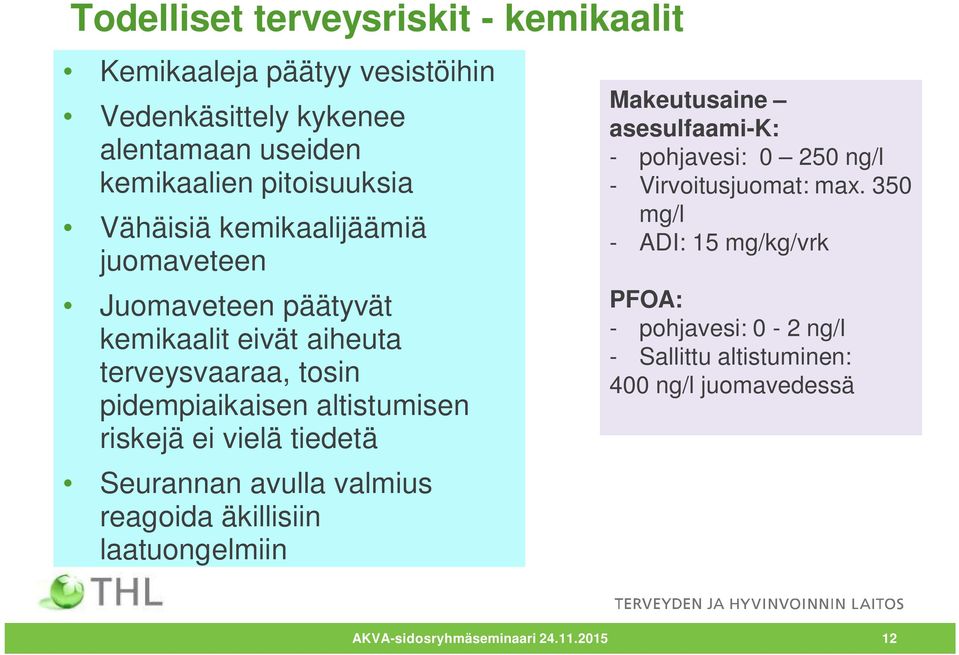 ei vielä tiedetä Seurannan avulla valmius reagoida äkillisiin laatuongelmiin Makeutusaine asesulfaami-k: - pohjavesi: 0 250 ng/l -