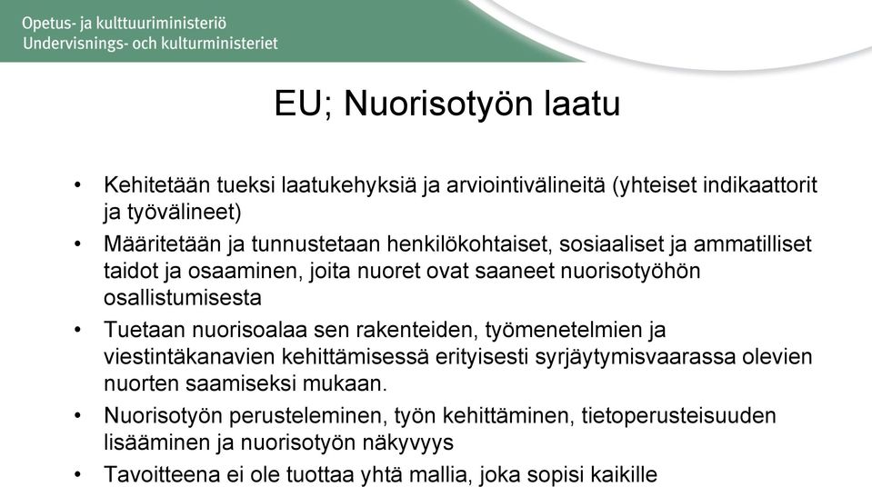 sen rakenteiden, työmenetelmien ja viestintäkanavien kehittämisessä erityisesti syrjäytymisvaarassa olevien nuorten saamiseksi mukaan.