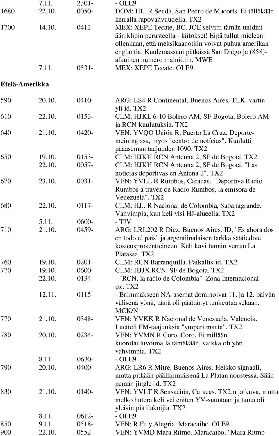 Kuulemassani pätkässä San Diego ja (858)- alkuinen numero mainittiin. MWE 7.11. 0531- MEX: XEPE Tecate. OLE9 Etelä-Amerikka 590 20.10. 0410- ARG: LS4 R Continental, Buenos Aires. TLK, vartin yli id.