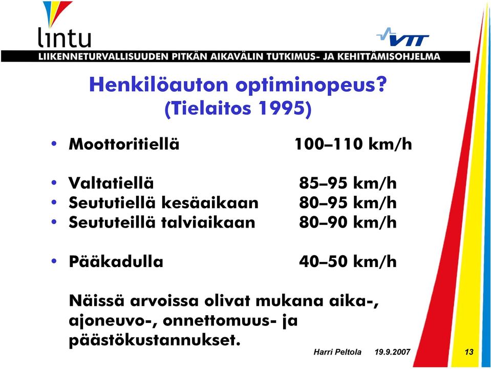 Seututeillä talviaikaan Pääkadulla 100 110 km/h 85 95 km/h 80 95