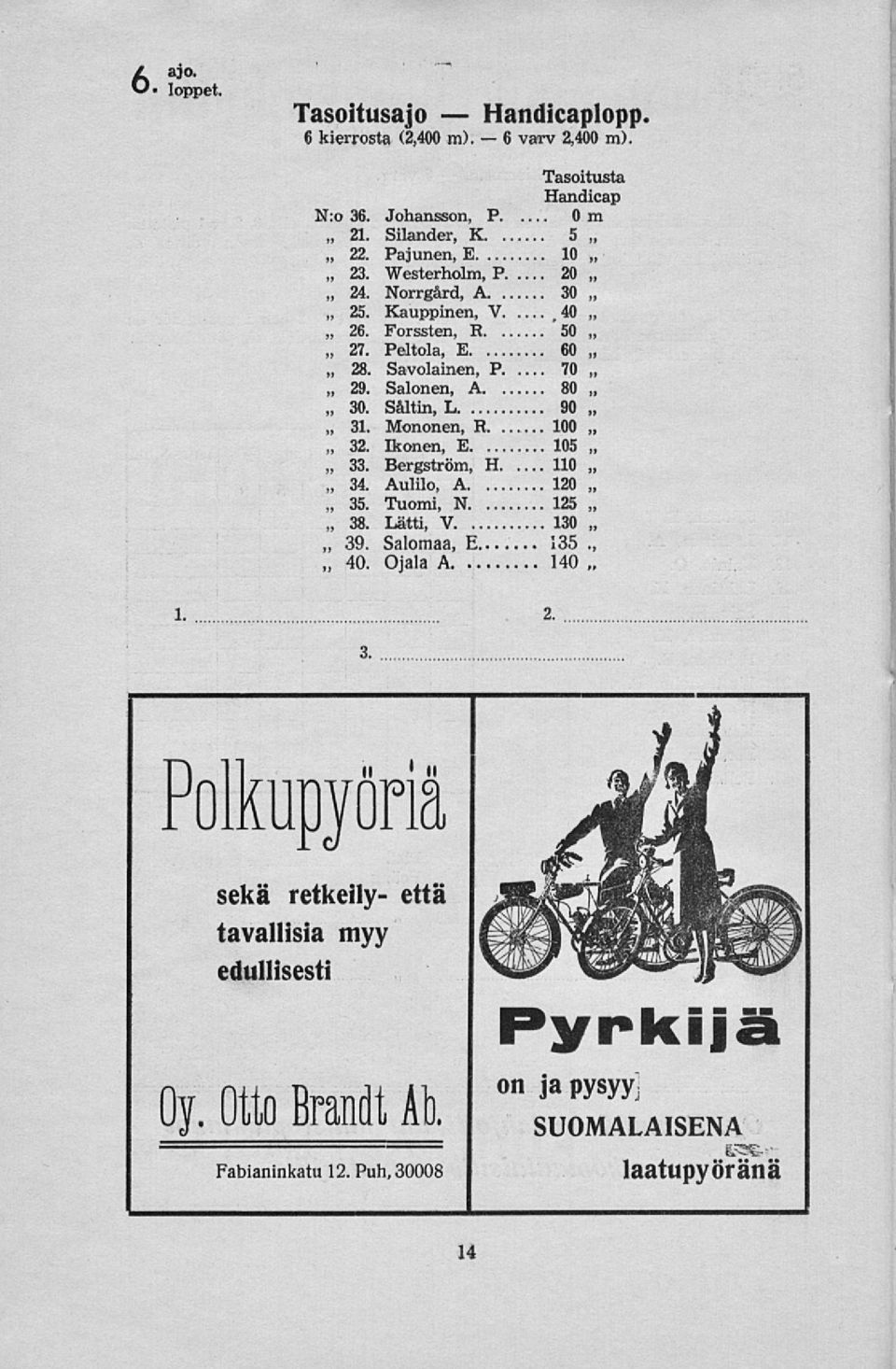 Peltola, E 60 Savolainen, P 70 Salonen, A 80 30. Saltin, L 90 31. Mononen, R 100 I? 40. Ikonen, E 105 Bergström, 110 H 34. Aulilo, A 120 35. Tuomi, N 125 38.