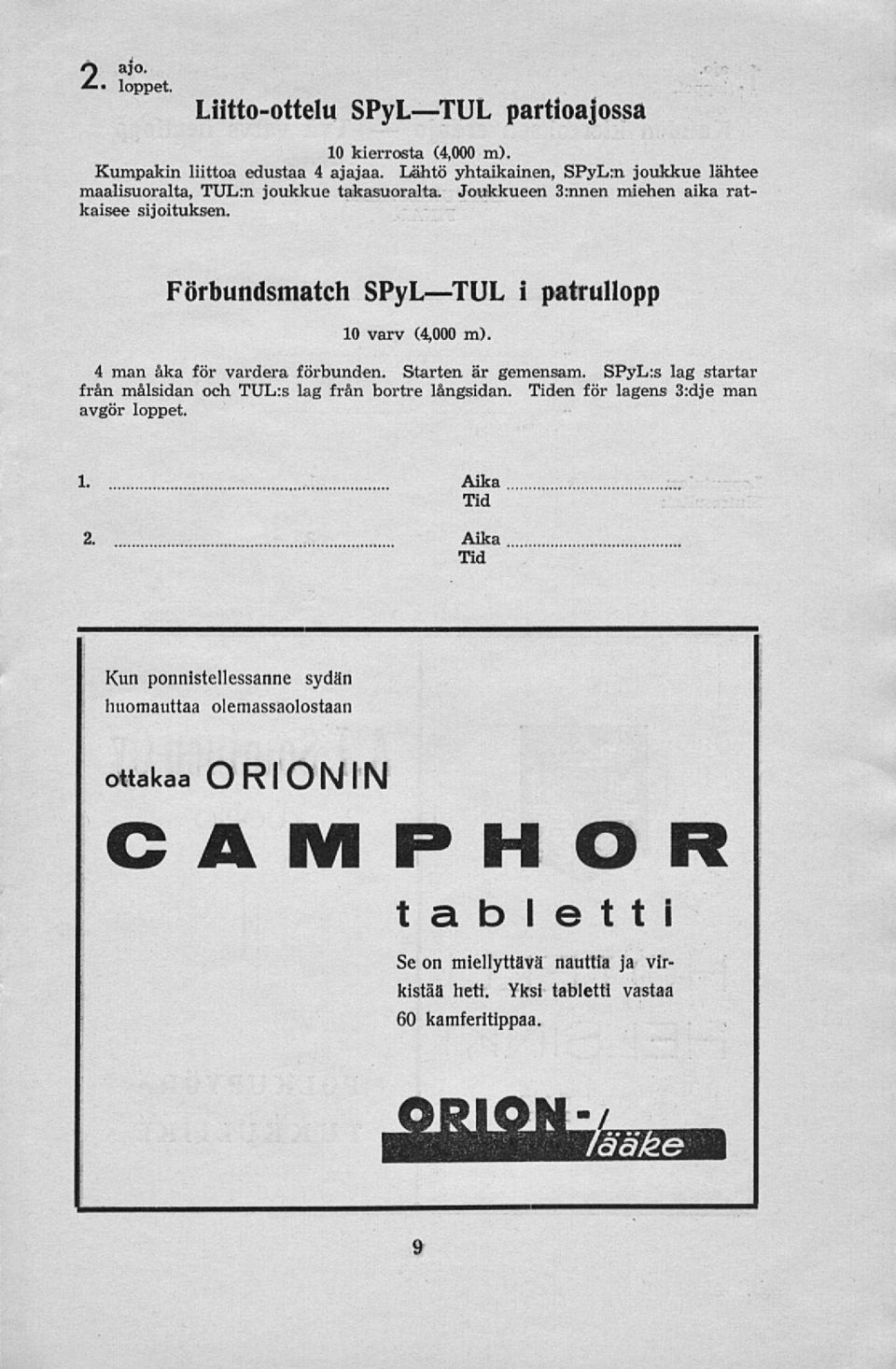 Förbundsmatch SPyLTUL i patrullopp 10 varv (4,000 m). 4 man åka för vardera förbunden. Starten är gemensam.