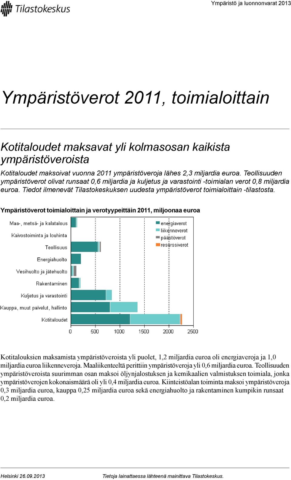 -tilastosta Ympäristöverot toimialoittain ja verotyypeittäin 0, miljoonaa euroa Kotitalouksien maksamista ympäristöveroista yli puolet,, miljardia euroa oli energiaveroja ja,0 miljardia euroa