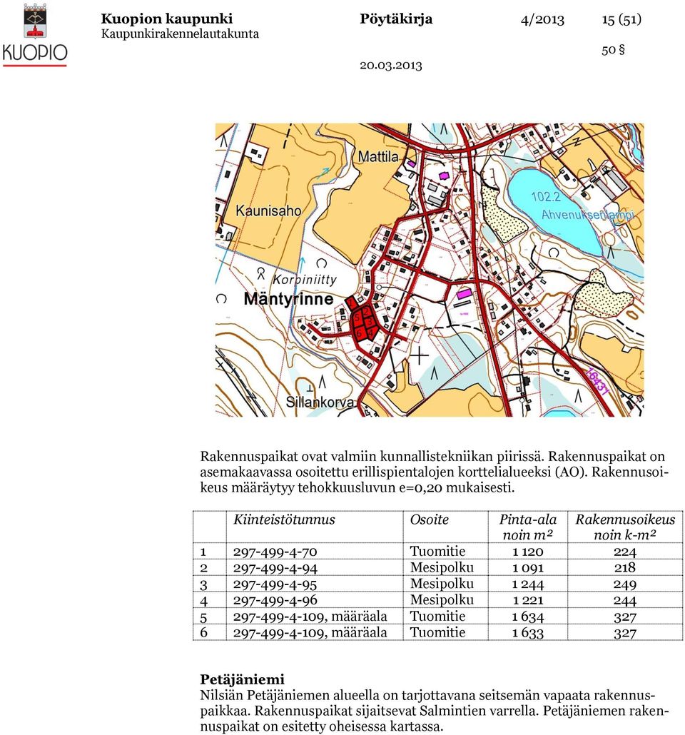 Kiinteistötunnus Osoite Pinta-ala noin m² Rakennusoikeus noin k-m² 1 297-499-4-70 Tuomitie 1 120 224 2 297-499-4-94 Mesipolku 1 091 218 3 297-499-4-95 Mesipolku 1 244 249 4 297-499-4-96