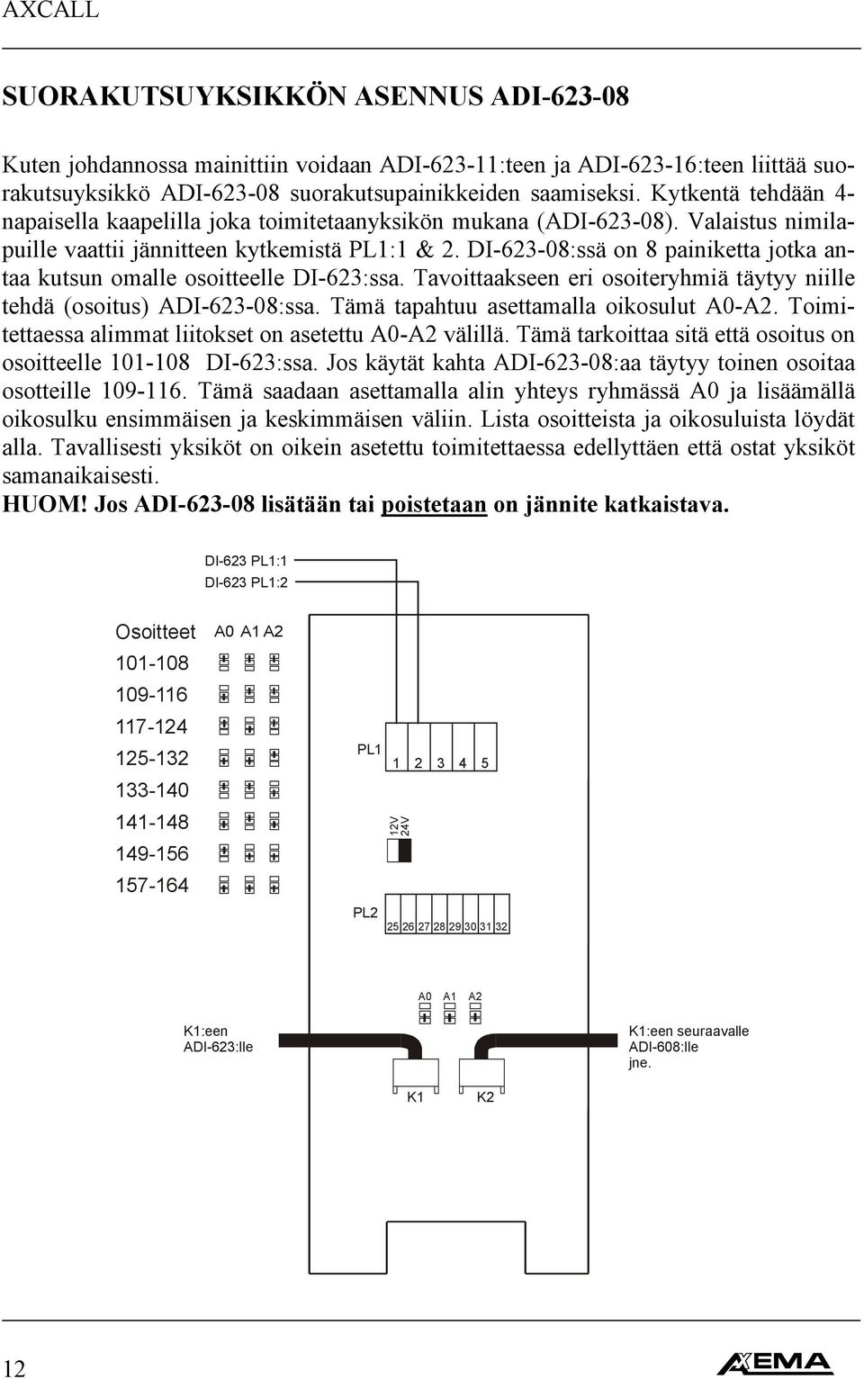 DI-623-08:ssä on 8 painiketta jotka antaa kutsun omalle osoitteelle DI-623:ssa. Tavoittaakseen eri osoiteryhmiä täytyy niille tehdä (osoitus) ADI-623-08:ssa. Tämä tapahtuu asettamalla oikosulut A0-A2.