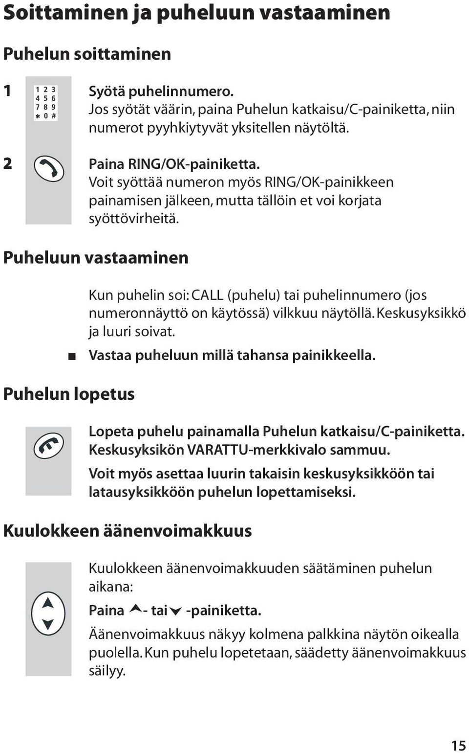 Puheluun vastaaminen Kun puhelin soi: CALL (puhelu) tai puhelinnumero (jos numeronnäyttö on käytössä) vilkkuu näytöllä. Keskusyksikkö ja luuri soivat. Vastaa puheluun millä tahansa painikkeella.