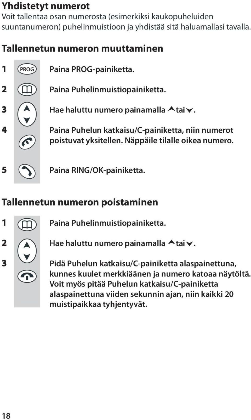 4 Paina Puhelun katkaisu/c-painiketta, niin numerot poistuvat yksitellen. Näppäile tilalle oikea numero. 5 Paina RING/OK-painiketta.
