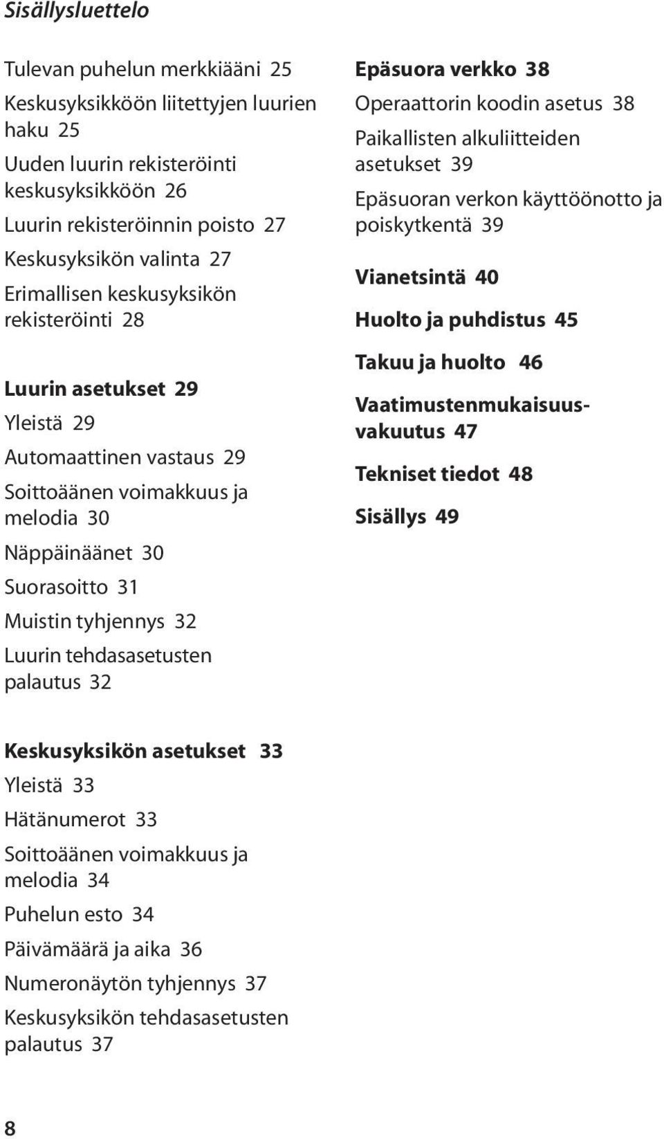 tehdasasetusten palautus 32 Epäsuora verkko 38 Operaattorin koodin asetus 38 Paikallisten alkuliitteiden asetukset 39 Epäsuoran verkon käyttöönotto ja poiskytkentä 39 Vianetsintä 40 Huolto ja