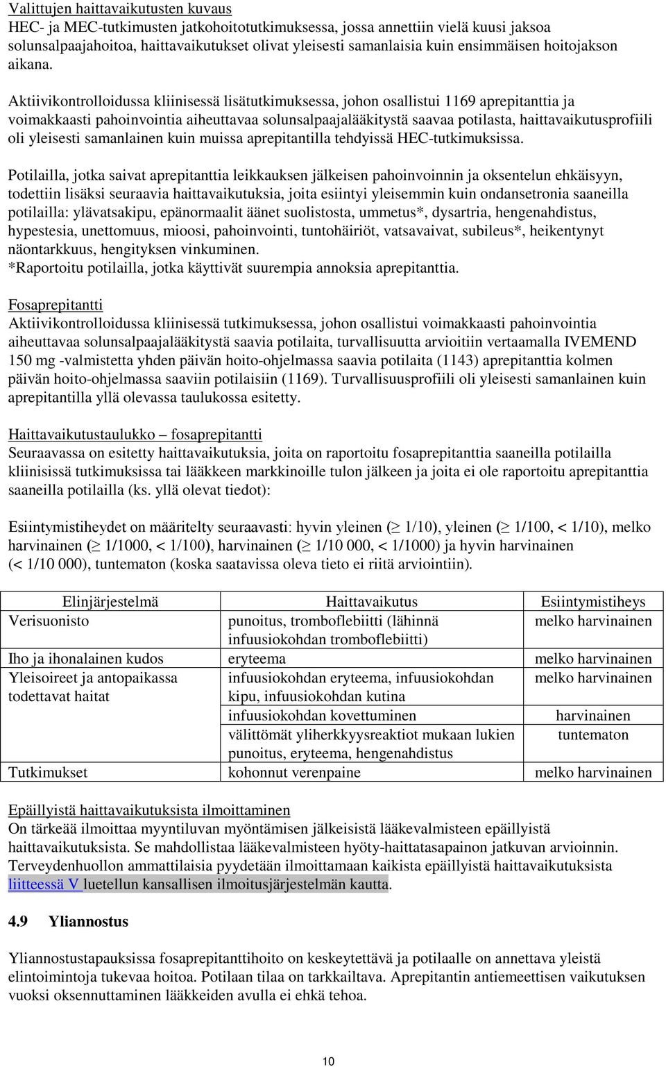 Aktiivikontrolloidussa kliinisessä lisätutkimuksessa, johon osallistui 1169 aprepitanttia ja voimakkaasti pahoinvointia aiheuttavaa solunsalpaajalääkitystä saavaa potilasta, haittavaikutusprofiili