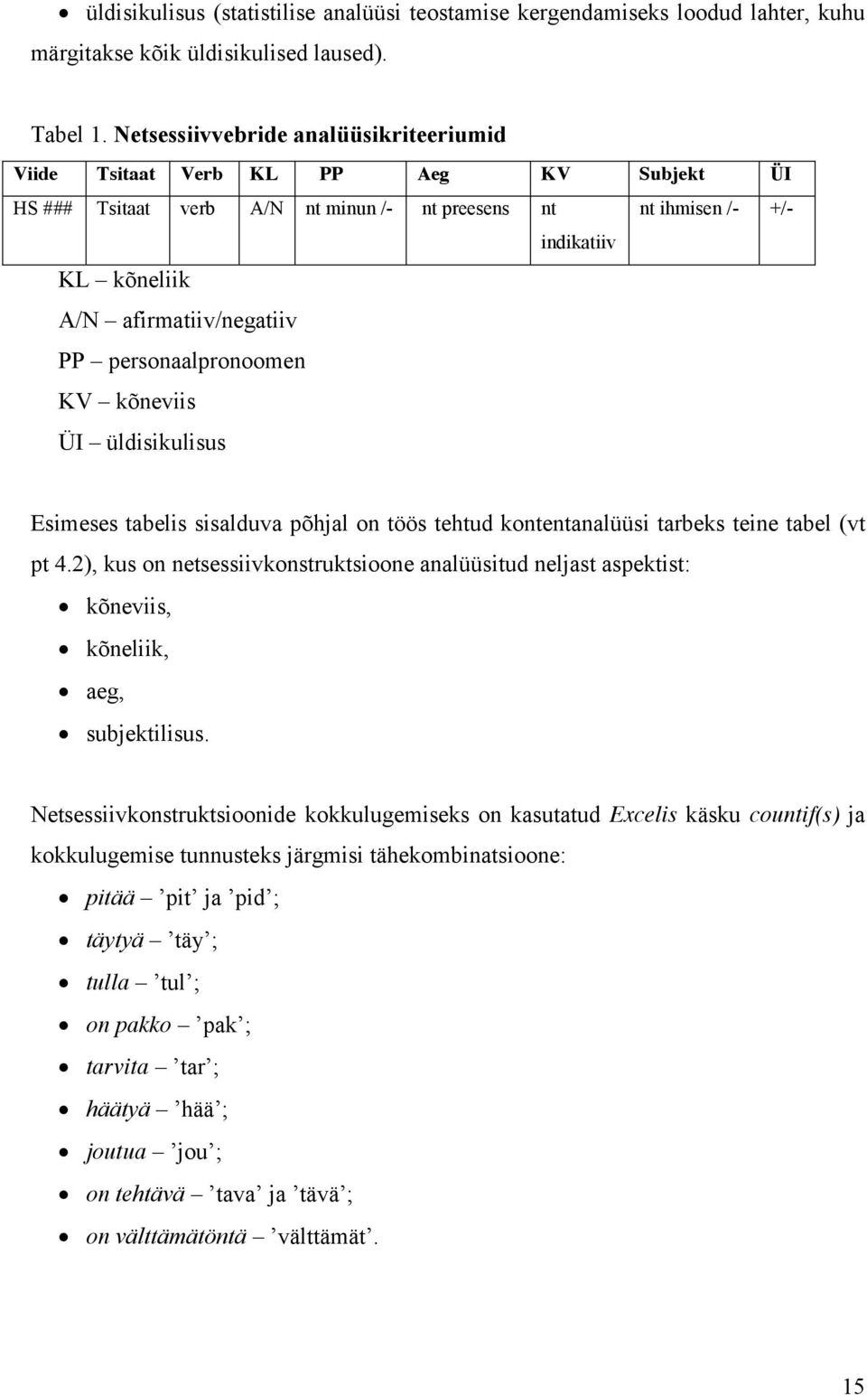 PP personaalpronoomen KV kõneviis ÜI üldisikulisus Esimeses tabelis sisalduva põhjal on töös tehtud kontentanalüüsi tarbeks teine tabel (vt pt 4.