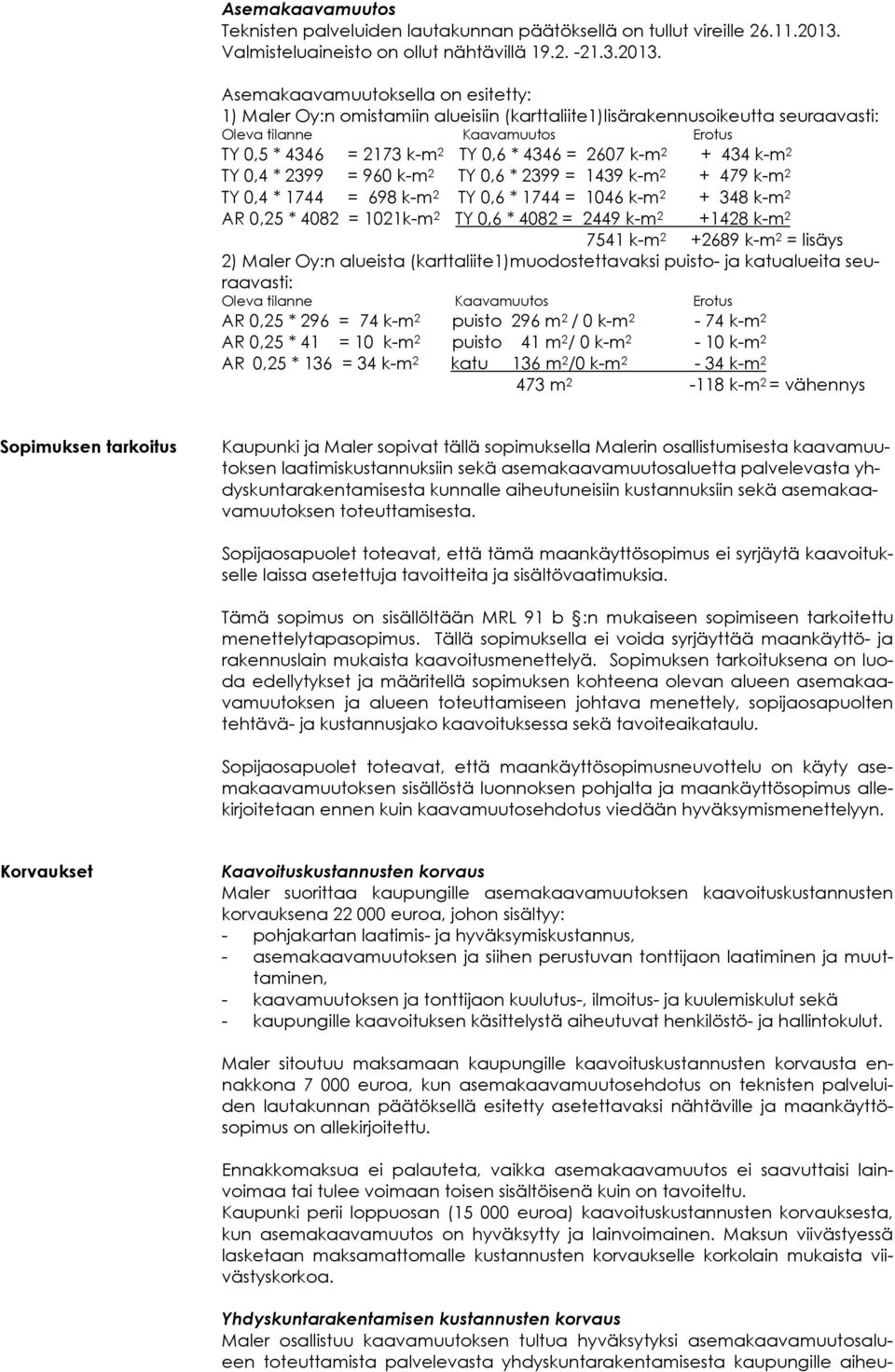 Asemakaavamuutoksella on esitetty: 1) Maler Oy:n omistamiin alueisiin (karttaliite1)lisärakennusoikeutta seuraavasti: Oleva tilanne Kaavamuutos Erotus TY 0,5 * 4346 = 2173 k-m 2 TY 0,6 * 4346 = 2607