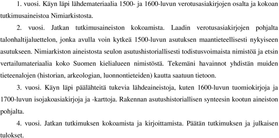 Nimiarkiston aineistosta seulon asutushistoriallisesti todistusvoimaista nimistöä ja etsin vertailumateriaalia koko Suomen kielialueen nimistöstä.