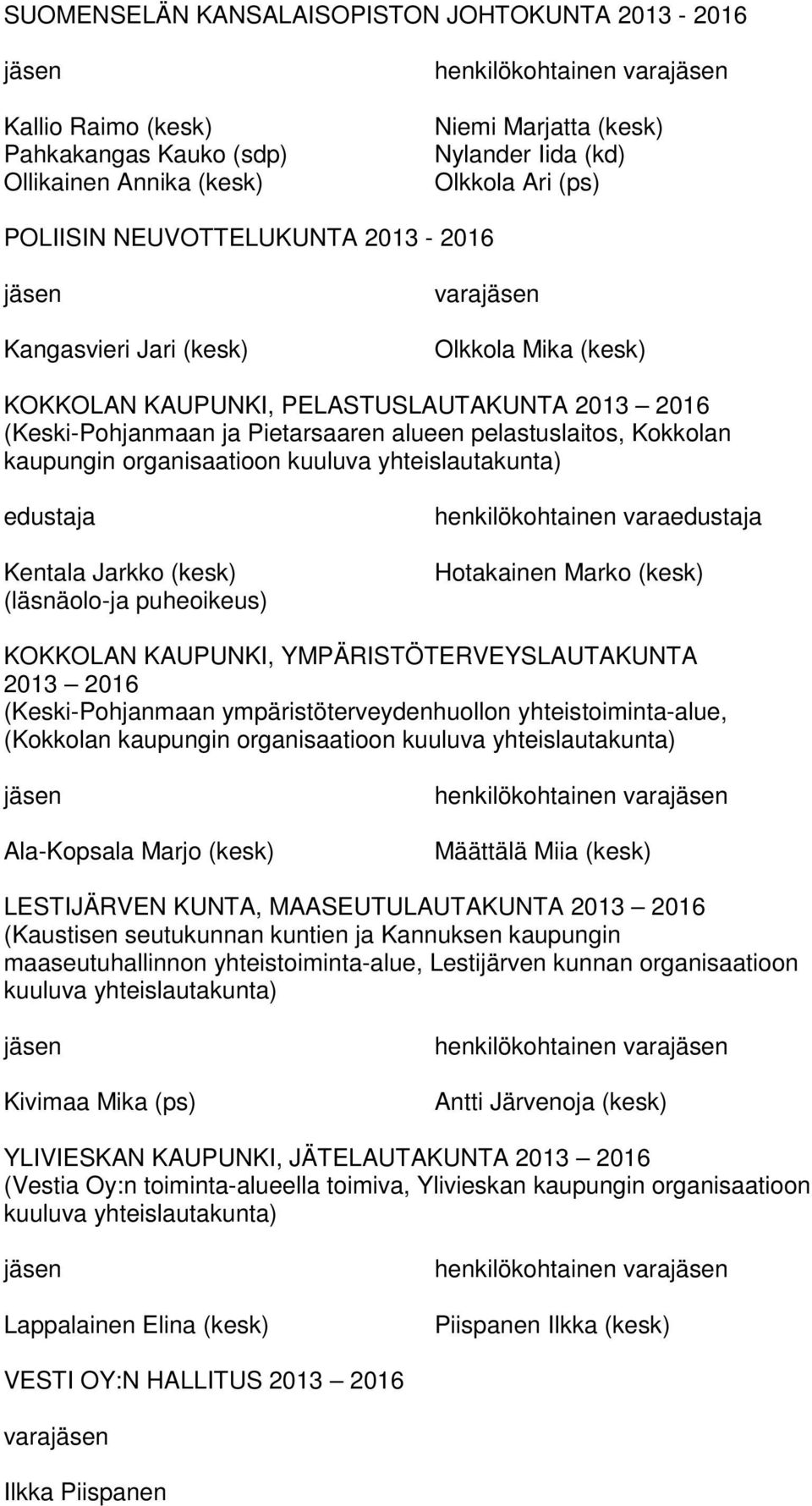 Kentala Jarkko (kesk) (läsnäolo-ja puheoikeus) henkilökohtainen varaedustaja Hotakainen Marko (kesk) KOKKOLAN KAUPUNKI, YMPÄRISTÖTERVEYSLAUTAKUNTA 2013 2016 (Keski-Pohjanmaan