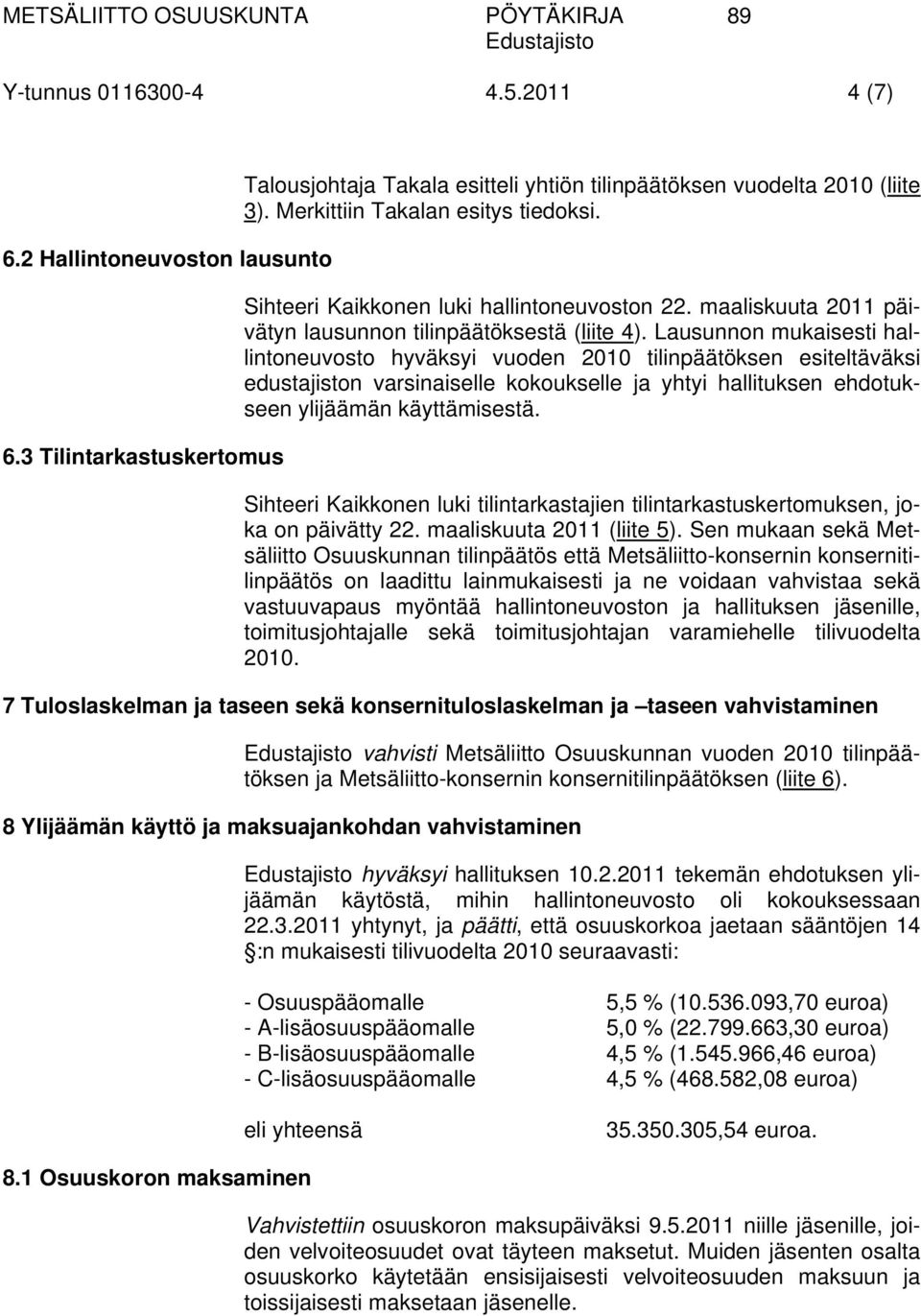 Lausunnon mukaisesti hallintoneuvosto hyväksyi vuoden 2010 tilinpäätöksen esiteltäväksi edustajiston varsinaiselle kokoukselle ja yhtyi hallituksen ehdotukseen ylijäämän käyttämisestä.