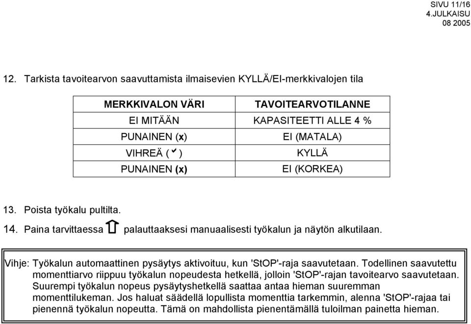 (x) EI (KORKEA) 13. Poista työkalu pultilta. 14. Paina tarvittaessa palauttaaksesi manuaalisesti työkalun ja näytön alkutilaan.