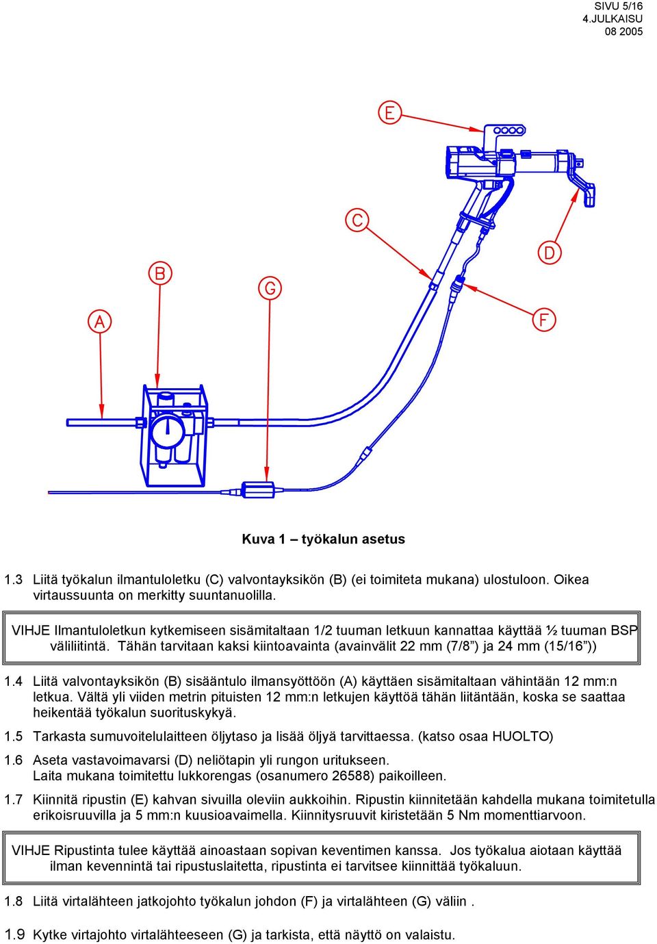 4 Liitä valvontayksikön (B) sisääntulo ilmansyöttöön (A) käyttäen sisämitaltaan vähintään 12 mm:n letkua.