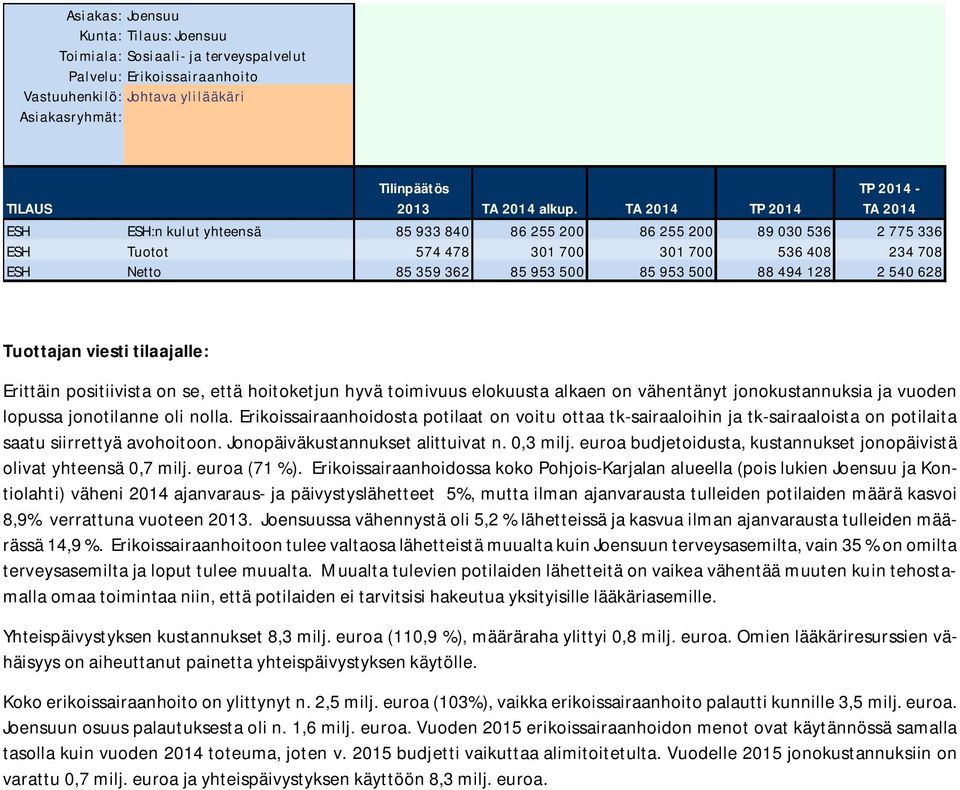 628 Tuottajan viesti tilaajalle: Erittäin positiivista on se, että hoitoketjun hyvä toimivuus elokuusta alkaen on vähentänyt jonokustannuksia ja vuoden lopussa jonotilanne oli nolla.