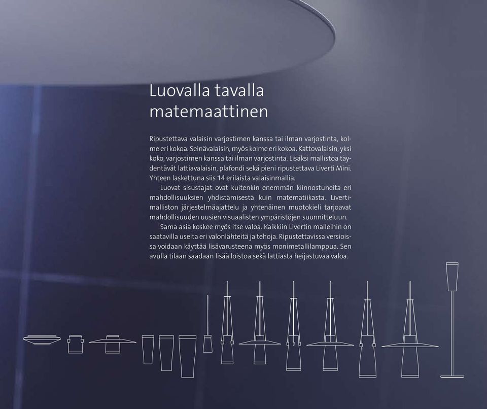 Yhteen laskettuna siis 14 erilaista valaisinmallia. Luovat sisustajat ovat kuitenkin enemmän kiinnostuneita eri mahdollisuuksien yhdistämisestä kuin matematiikasta.