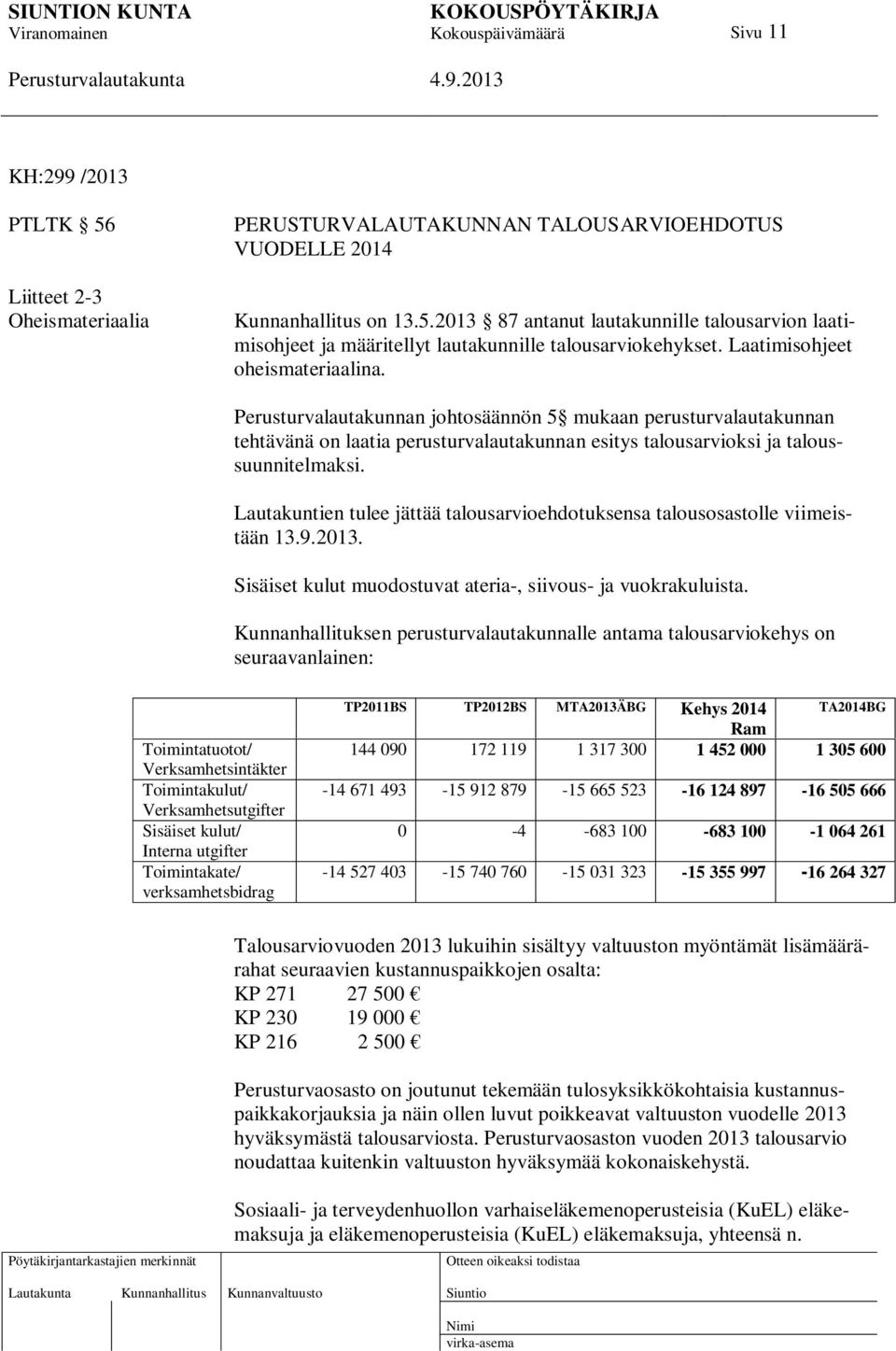 Lautakuntien tulee jättää talousarvioehdotuksensa talousosastolle viimeistään 13.9.2013. Sisäiset kulut muodostuvat ateria-, siivous- ja vuokrakuluista.