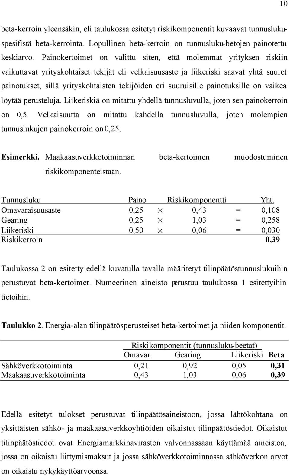 eri suuruisille painotuksille on vaikea löytää perusteluja. Liikeriskiä on mitattu yhdellä tunnusluvulla, joten sen painokerroin on 0,5.