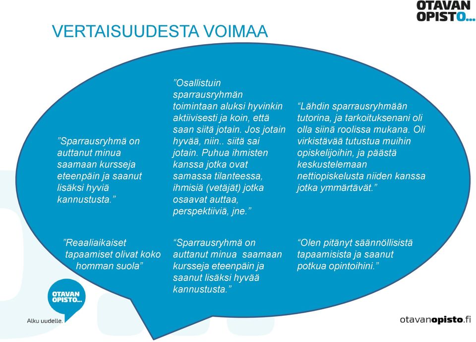 Puhua ihmisten kanssa jotka ovat samassa tilanteessa, ihmisiä (vetäjät) jotka osaavat auttaa, perspektiiviä, jne. Lähdin sparrausryhmään tutorina, ja tarkoituksenani oli olla siinä roolissa mukana.