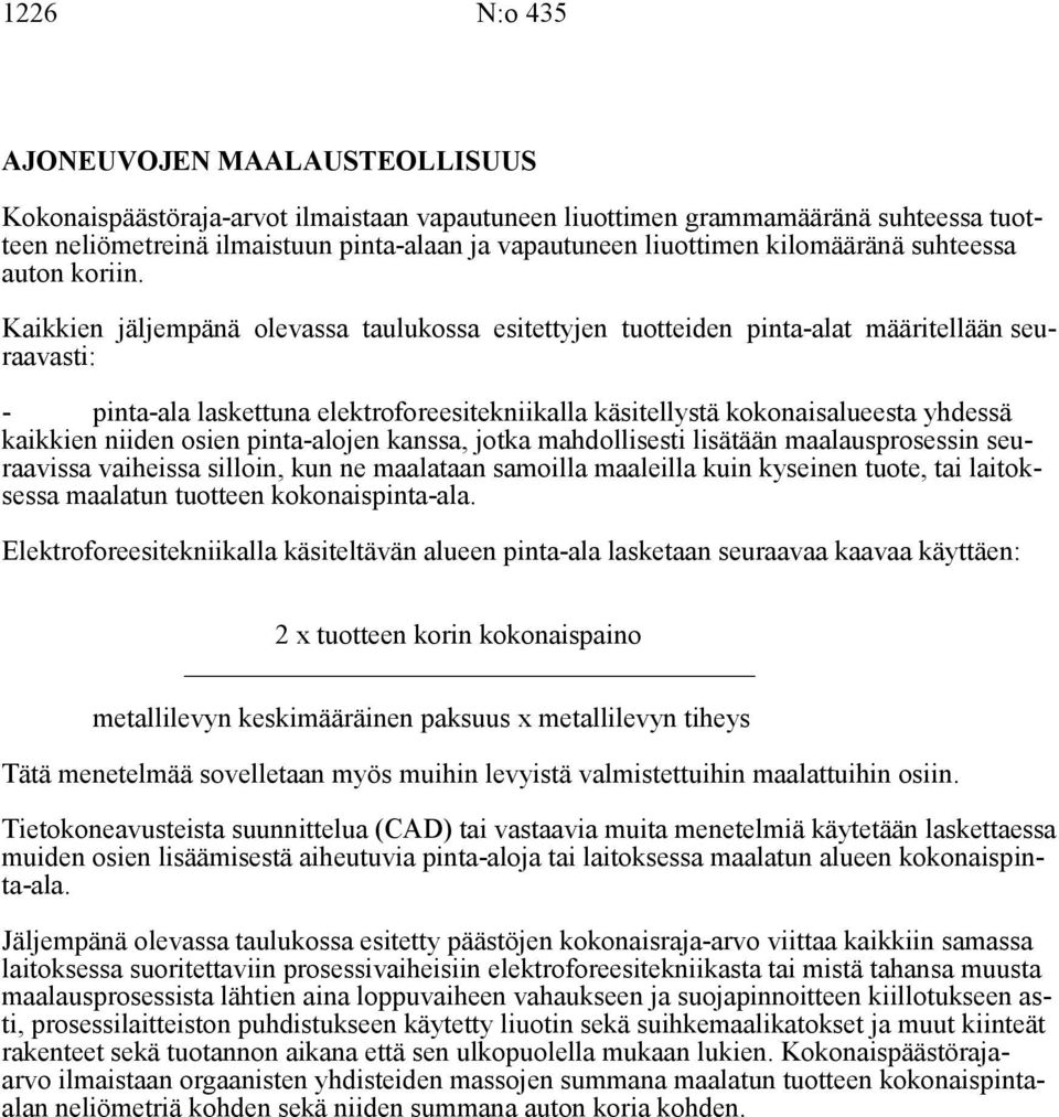 Kaikkien jäljempänä olevassa taulukossa esitettyjen tuotteiden pinta-alat määritellään seuraavasti: - pinta-ala laskettuna elektroforeesitekniikalla käsitellystä kokonaisalueesta yhdessä kaikkien
