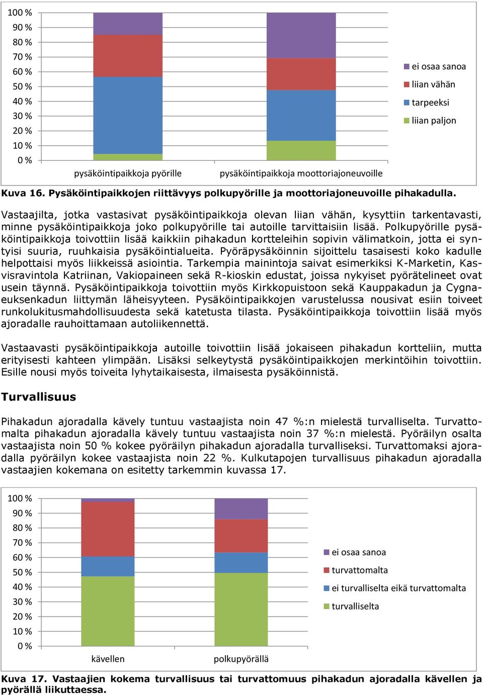 Vastaajilta, jotka vastasivat pysäköintipaikkoja olevan liian vähän, kysyttiin tarkentavasti, minne pysäköintipaikkoja joko polkupyörille tai autoille tarvittaisiin lisää.