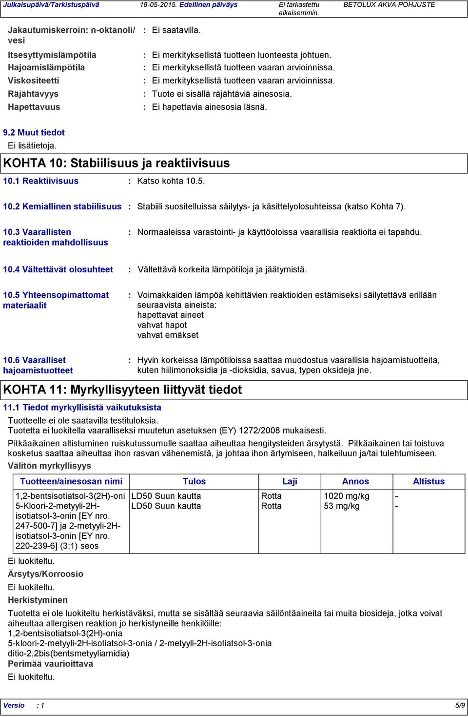 Ei hapettavia ainesosia läsnä. 9.2 Muut tiedot Ei lisätietoja. KOHTA 10 Stabiilisuus ja reaktiivisuus 10.1 Reaktiivisuus Katso kohta 10.5. 10.2 Kemiallinen stabiilisuus Stabiili suositelluissa säilytys ja käsittelyolosuhteissa (katso Kohta 7).