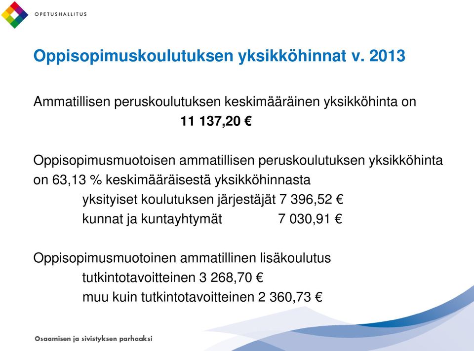 ammatillisen peruskoulutuksen yksikköhinta on 63,13 % keskimääräisestä yksikköhinnasta yksityiset