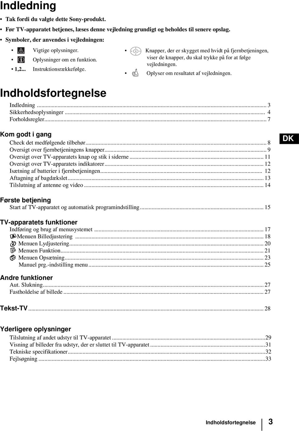 Oplyser om resultatet af vejledningen. Indledning... 3 Sikkerhedsoplysninger... 4 Forholdsregler... 7 Kom godt i gang Check det medfølgende tilbehør... 8 Oversigt over fjernbetjeningens knapper.