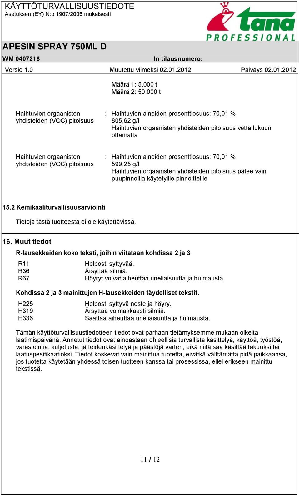 orgaanisten yhdisteiden (VOC) pitoisuus : Haihtuvien aineiden prosenttiosuus: 70,01 % 599,25 g/l Haihtuvien orgaanisten yhdisteiden pitoisuus pätee vain puupinnoilla käytetyille pinnoitteille 15.