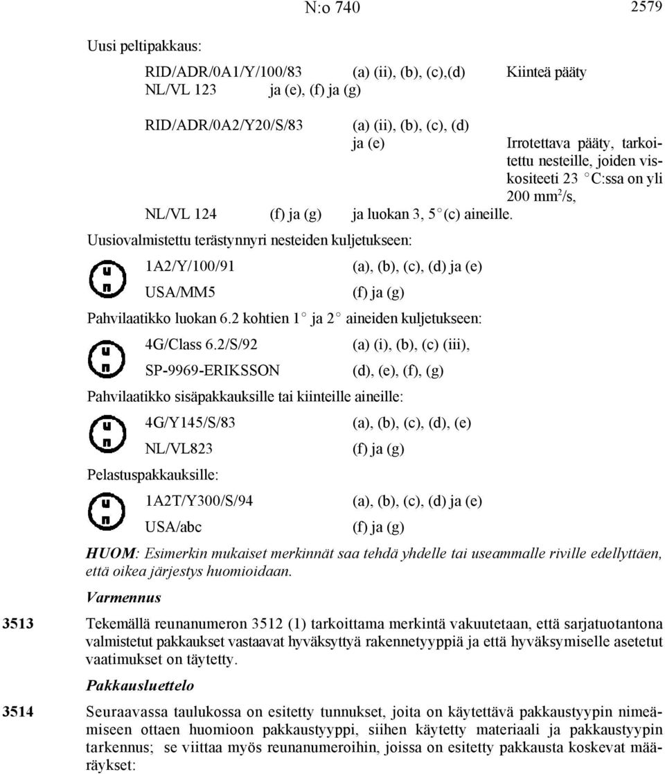 2 kohtien 1E ja 2E aineiden kuljetukseen: 4G/Class 6.