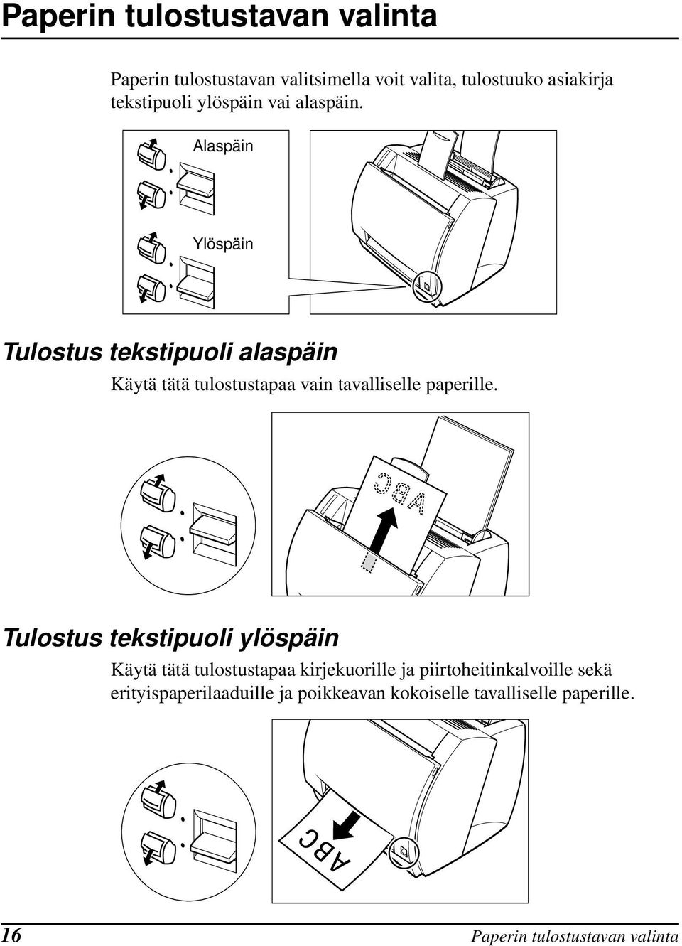 Alaspäin Ylöspäin Tulostus tekstipuoli alaspäin Käytä tätä tulostustapaa vain tavalliselle paperille.