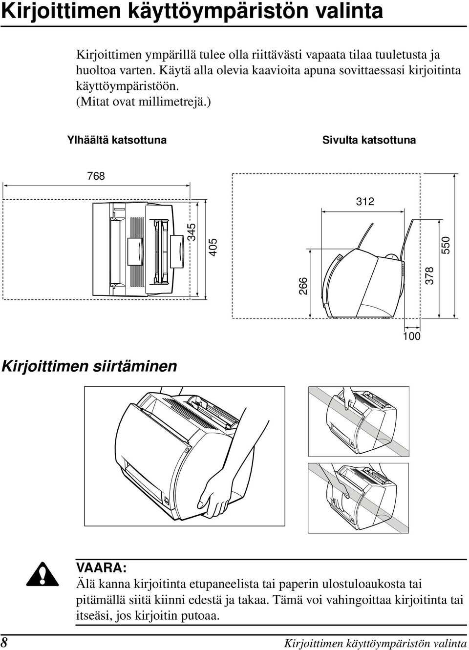 ) Ylhäältä katsottuna Sivulta katsottuna 768 312 266 378 345 405 550 100 Kirjoittimen siirtäminen VAARA: Älä kanna kirjoitinta