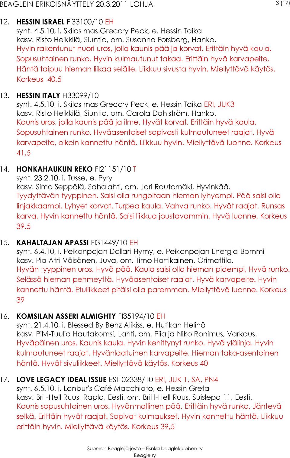 Liikkuu sivusta hyvin. Miellyttävä käytös. Korkeus 40,5 13. HESSIN ITALY FI33099/10 synt. 4.5.10, i. Skilos mas Grecory Peck, e. Hessin Taika ERI, JUK3 kasv. Risto Heikkilä, Siuntio, om.
