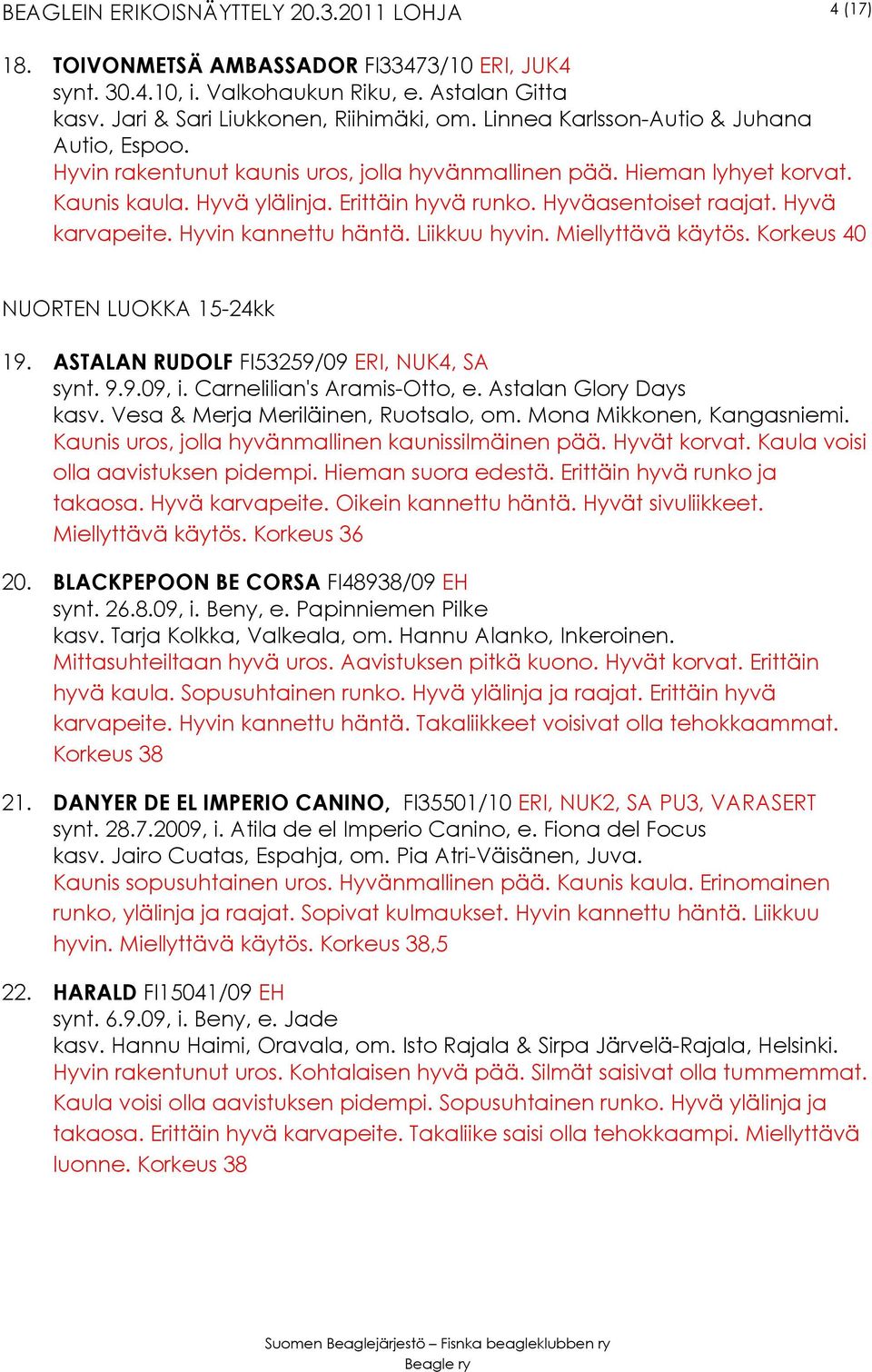 Liikkuu hyvin. Miellyttävä käytös. Korkeus 40 NUORTEN LUOKKA 15-24kk 19. ASTALAN RUDOLF FI53259/09 ERI, NUK4, SA synt. 9.9.09, i. Carnelilian's Aramis-Otto, e. Astalan Glory Days kasv.