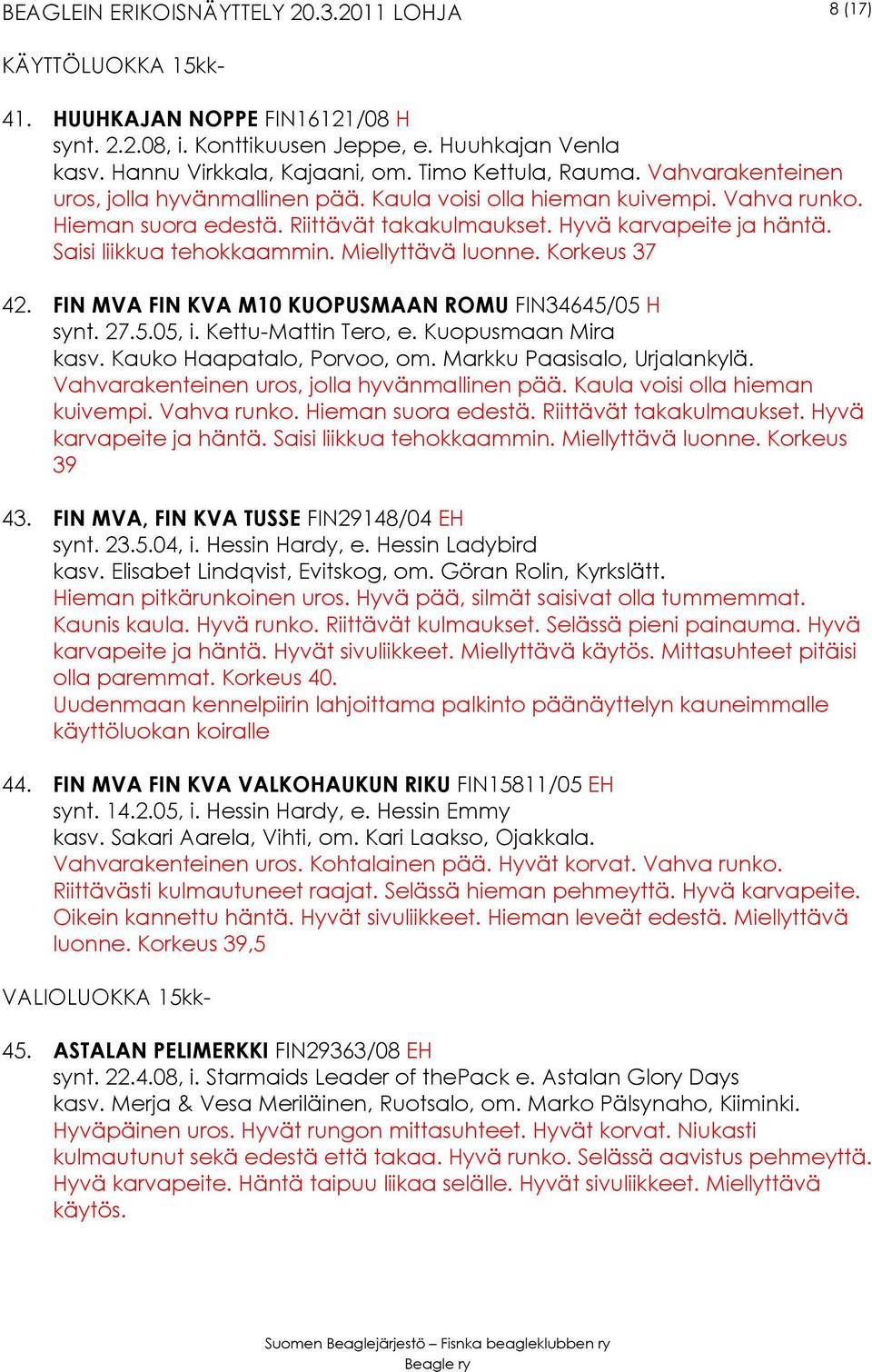 Miellyttävä luonne. Korkeus 37 42. FIN MVA FIN KVA M10 KUOPUSMAAN ROMU FIN34645/05 H synt. 27.5.05, i. Kettu-Mattin Tero, e. Kuopusmaan Mira kasv. Kauko Haapatalo, Porvoo, om.