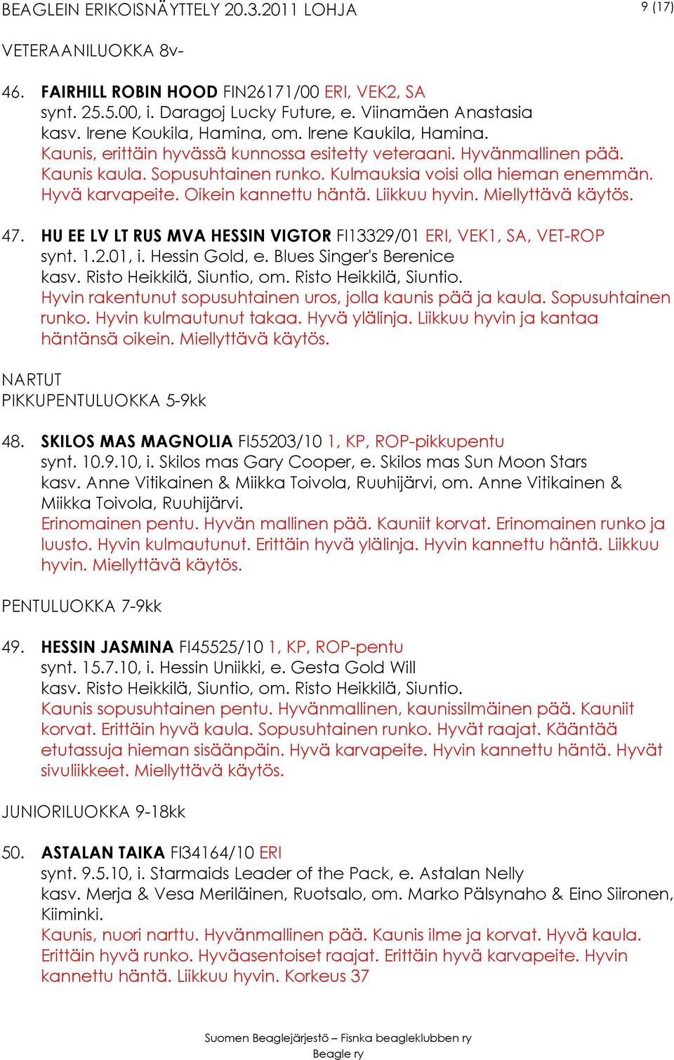 Miellyttävä käytös. 47. HU EE LV LT RUS MVA HESSIN VIGTOR FI13329/01 ERI, VEK1, SA, VET-ROP synt. 1.2.01, i. Hessin Gold, e. Blues Singer's Berenice kasv. Risto Heikkilä, Siuntio, om.