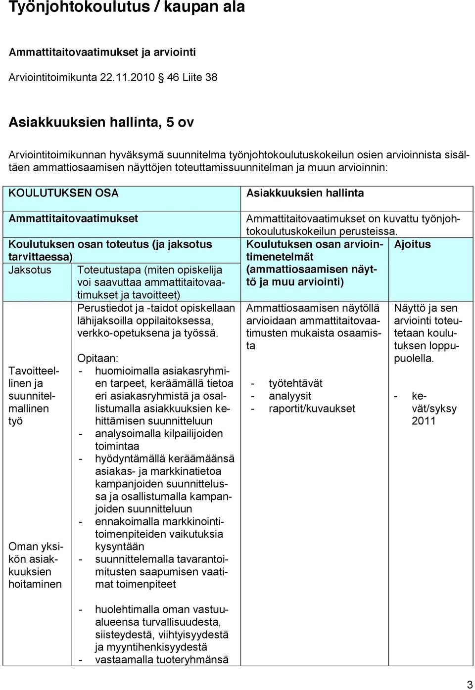 arvioinnin: KOULUTUKSEN OSA Ammattitaitovaatimukset Koulutuksen osan toteutus ( ksotus tarvittaessa) Jaksotus Toteutustapa (miten opiskeli voi saavuttaa ammattitaitovaatimukset tavoitteet)