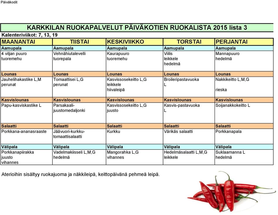 rieska Papu-kasviskastike L Parsakaali- Kasvissosekeitto L,G Kasvis-pastavuoka Soijanakkokeitto L juustomedaljonki juusto L Porkkana-ananasraaste Jäävuori-kurkku-