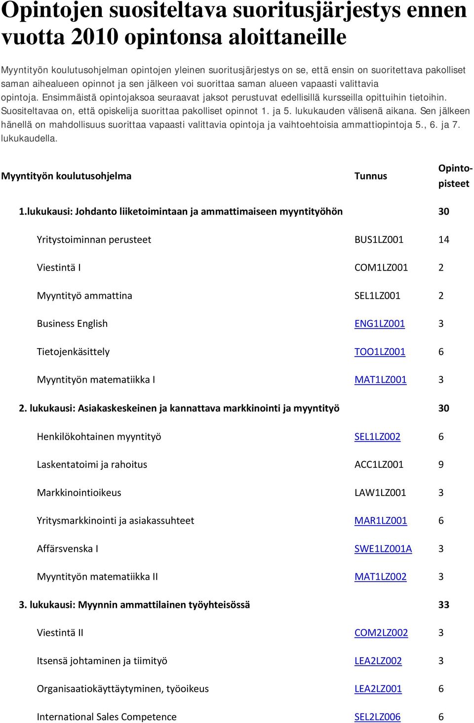 Suositeltavaa on, että opiskelija suorittaa pakolliset opinnot 1. ja 5. lukukauden välisenä aikana.