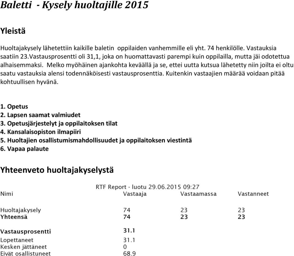 Melko myöhäinen ajankohta keväällä ja se, ettei uutta kutsua lähetetty niin joilta ei oltu saatu vastauksia alensi todennäköisesti vastausprosenttia.