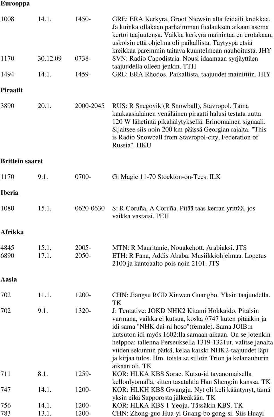 Nousi idaamaan syrjäyttäen taajuudella olleen jenkin. TTH 1494 14.1. 1459- GRE: ERA Rhodos. Paikallista, taajuudet mainittiin. JHY Piraatit 3890 20.1. 2000-2045 RUS: R Snegovik (R Snowball), Stavropol.